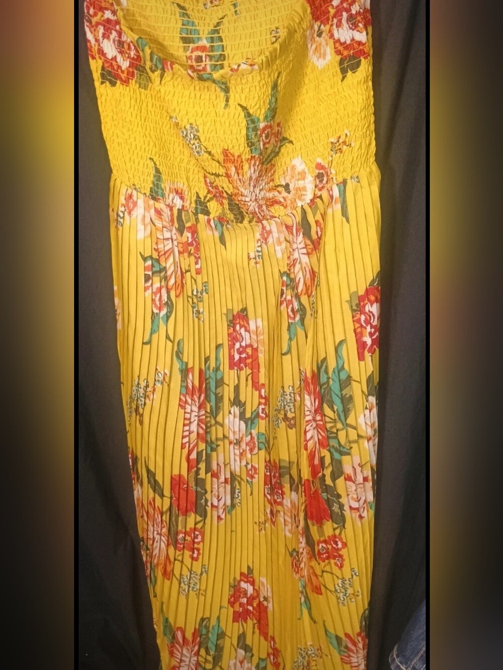 Yellow Floral Pleated Smocked Midi Dress
